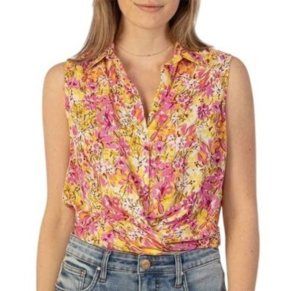 Kut from the Kloth Tops - KUT from the Kloth Floral Sleeveless Twist Front Blouse Pink Yellow XL